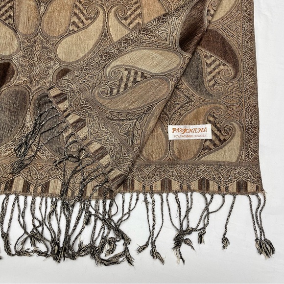 pashmina Accessories Pashmina Cashmere Silk Brown Paisley Fringe